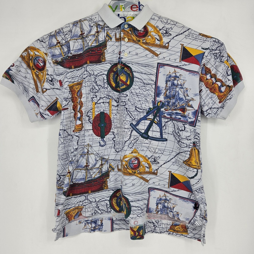 Vintage American Eagle Shirt Mens Extra Large Nautical Polo Short Sleeve AOP‎